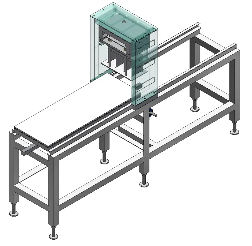 Diseño de transportador industrial con estructura metálica y resguardo de seguridad