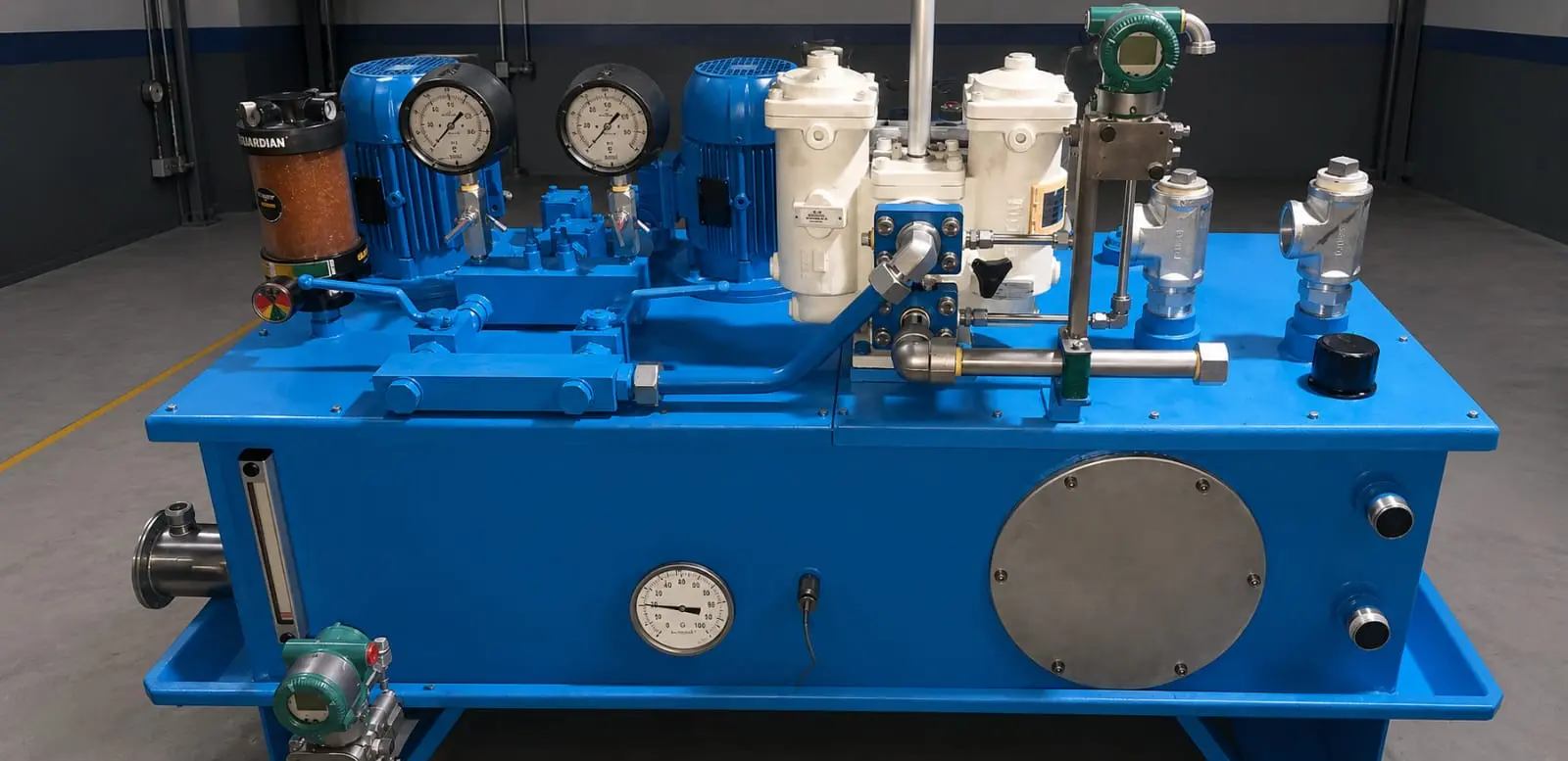 Sistema oleohidráulico industrial con filtros y manómetros