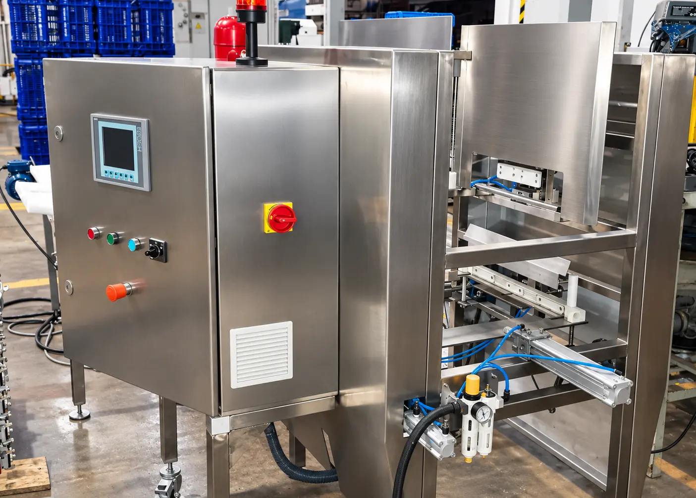 Fabricación de máquina industrial en acero inoxidable con panel de control